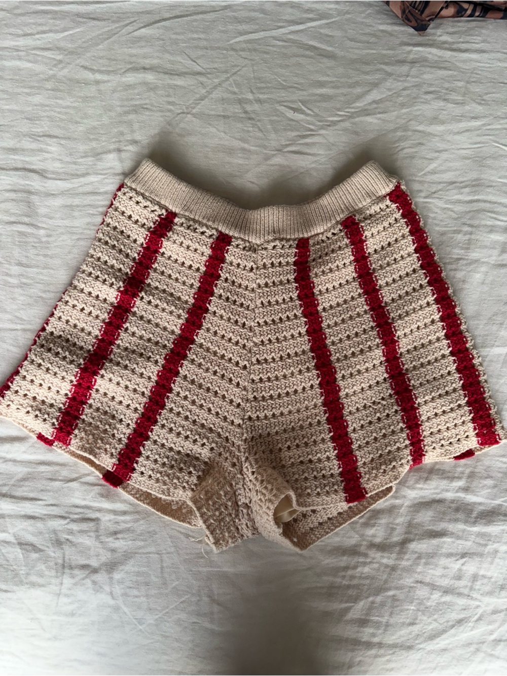 Le Lis Cream Crochet Knit Shorts with Red Stripes
